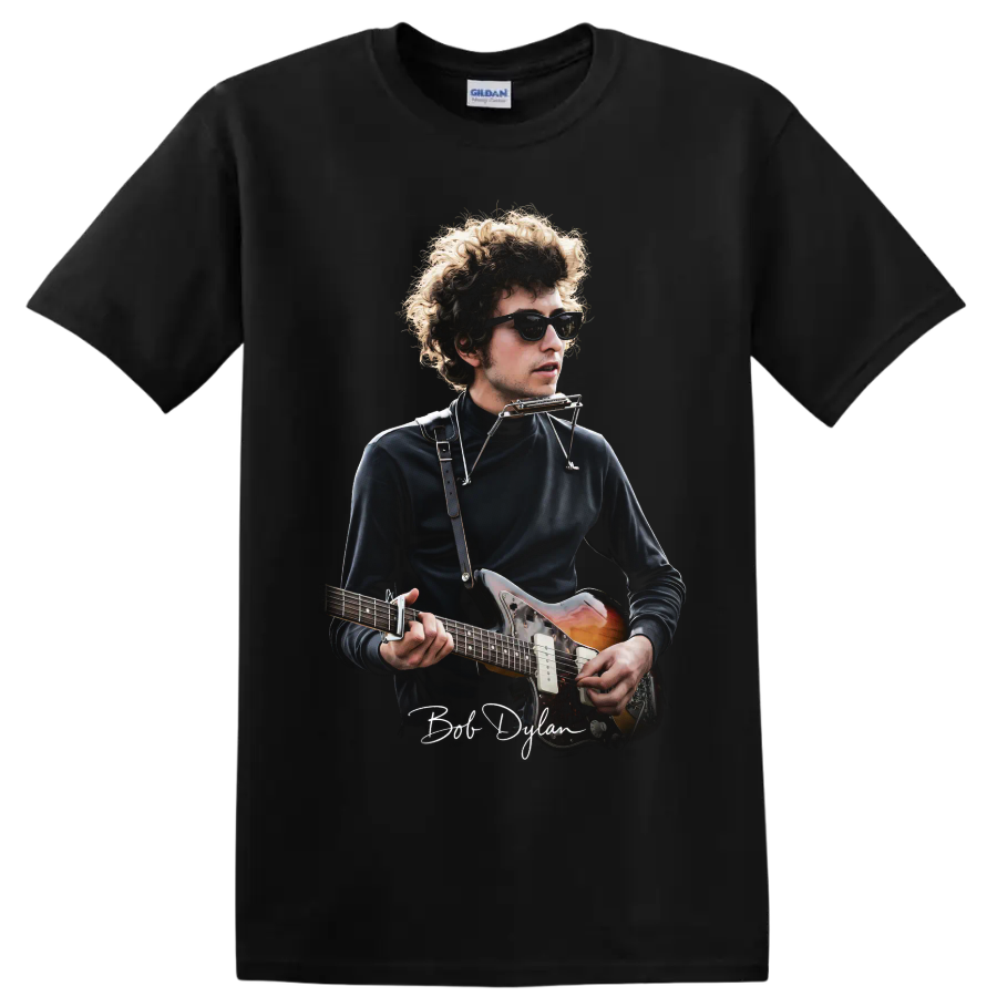 Bob Dylan folk rock portrait with guitar and harmonica on a Black T Shirt