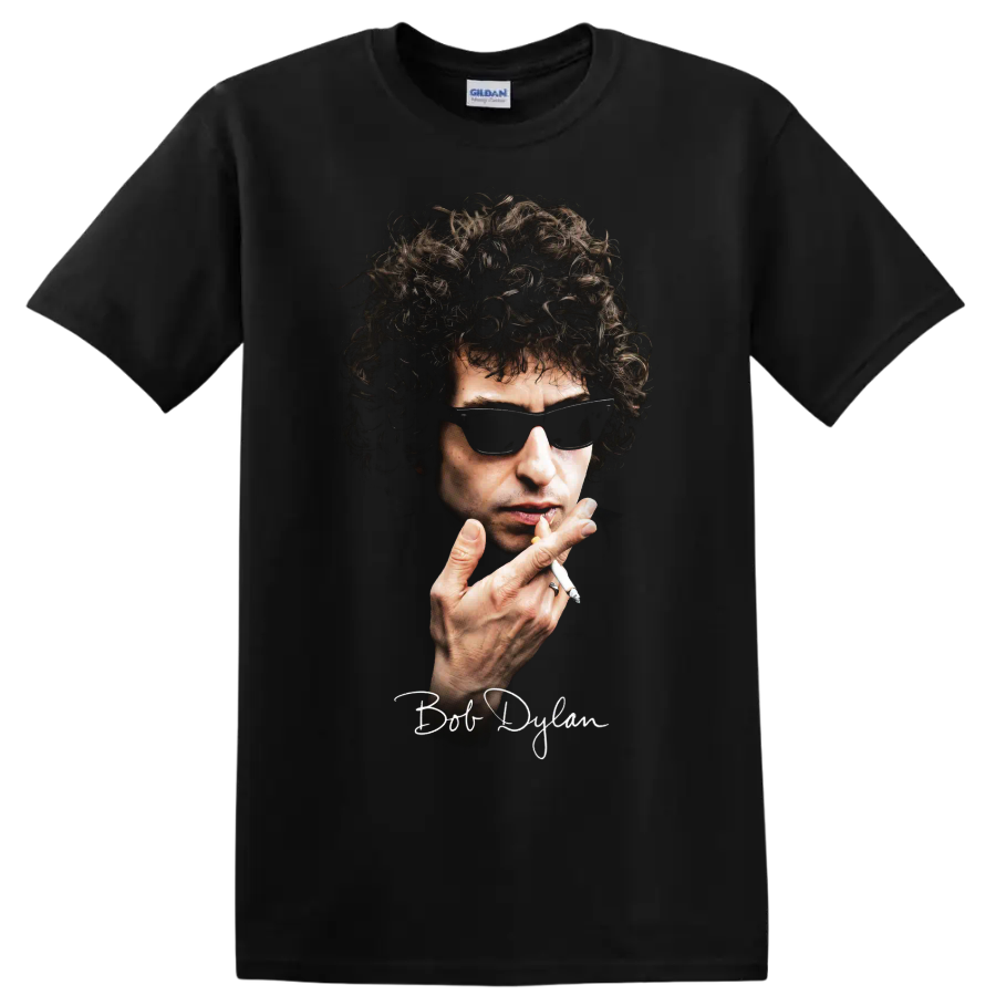 Stylized Bob Dylan portrait with sunglasses and signature on a Black T Shirt