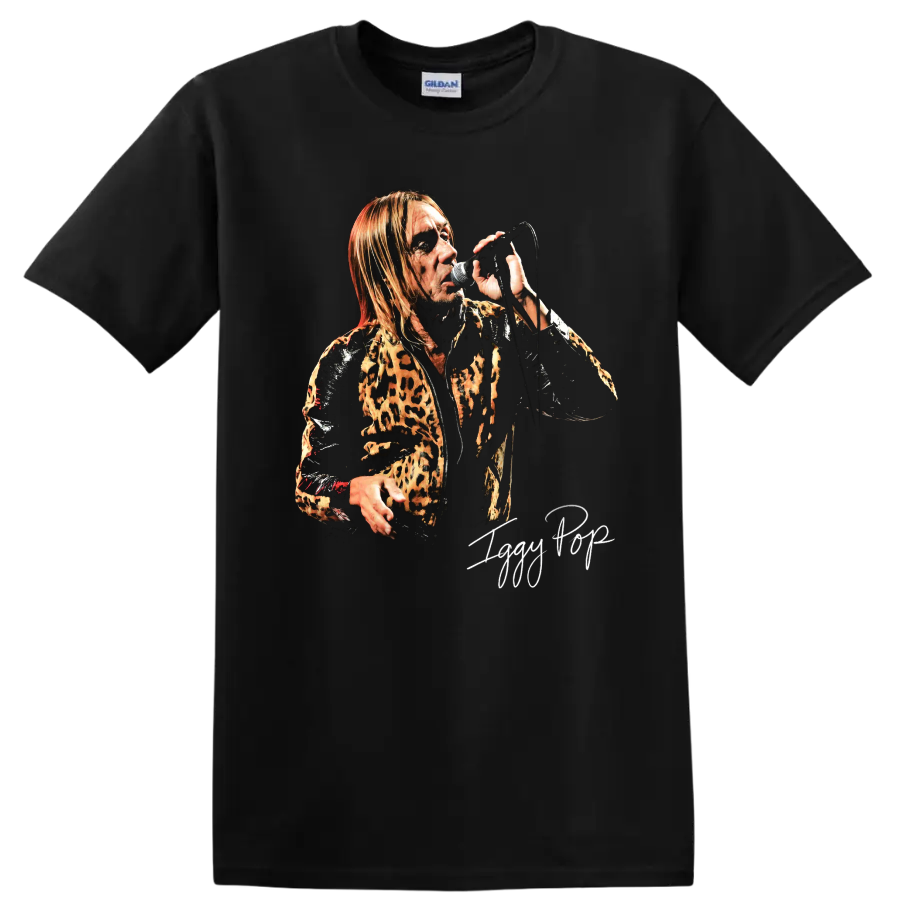 Iggy Pop punk rock portrait performing with a microphone and leopard print jacket on a Black T Shirt