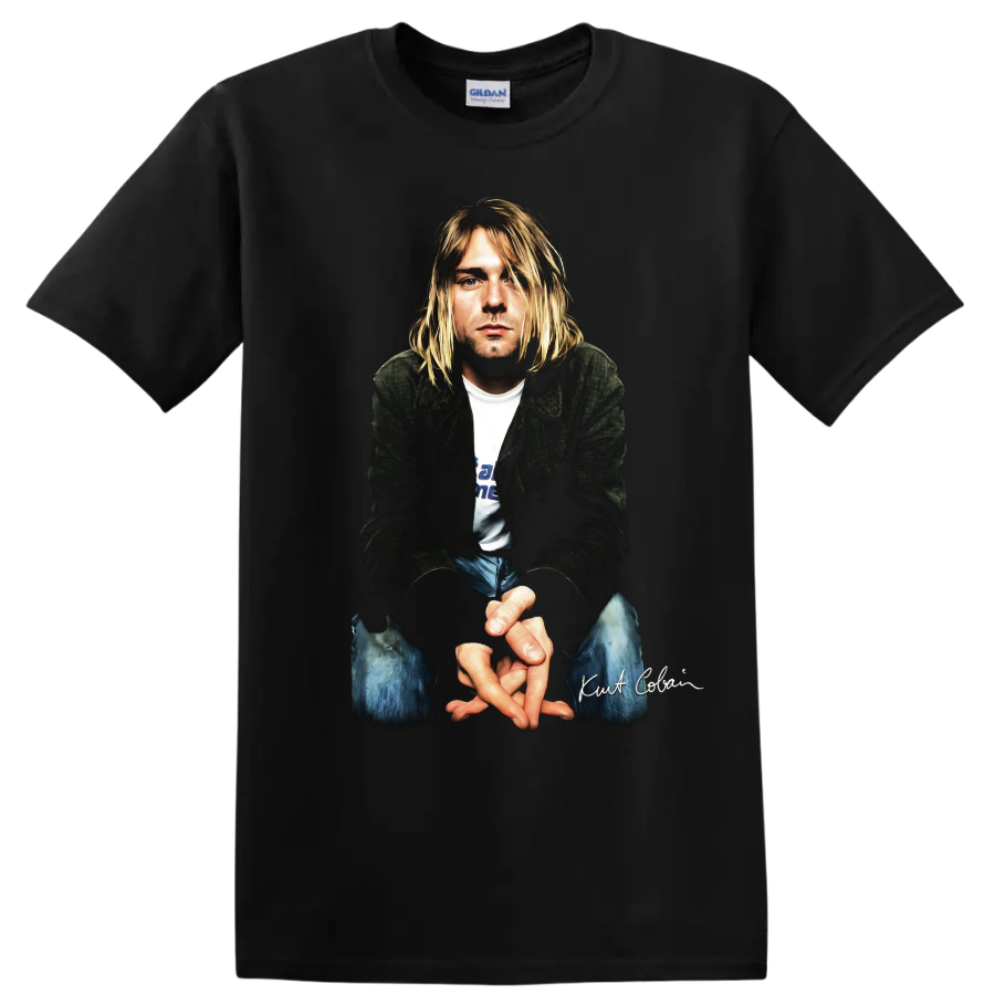 Kurt Cobain Nirvana grunge rock portrait graphic print on a Black T Shirt