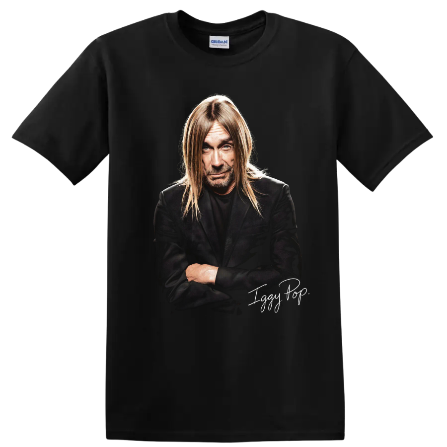 Iggy Pop portrait graphic with The Stooges rock style and signature on a Black T Shirt