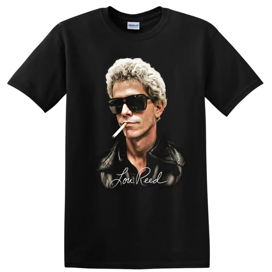 Lou Reed portrait with sunglasses, cigarette, leather jacket, and signature lettering on a Black T Shirt