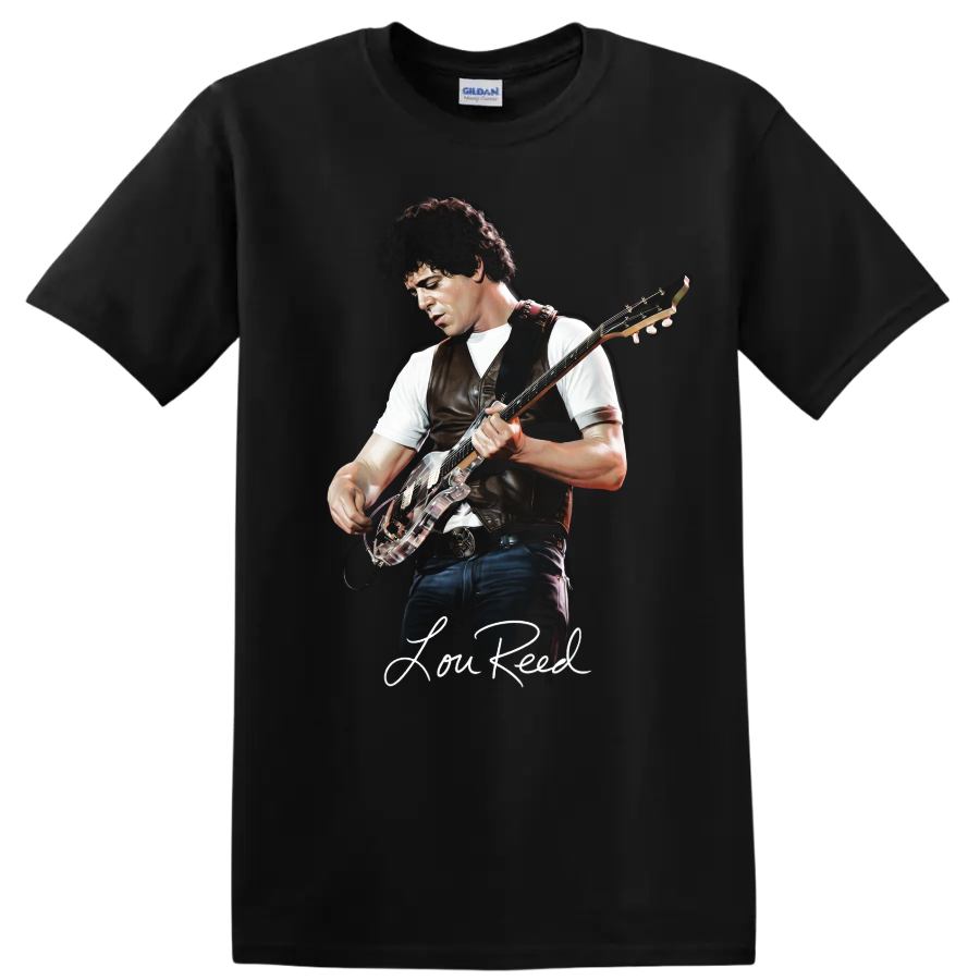 Lou Reed guitar portrait with signature, rock music graphic print on a Black T Shirt