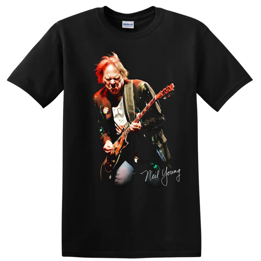 Neil Young playing Old Black Les Paul in a dramatic rock graphic on a Black T Shirt