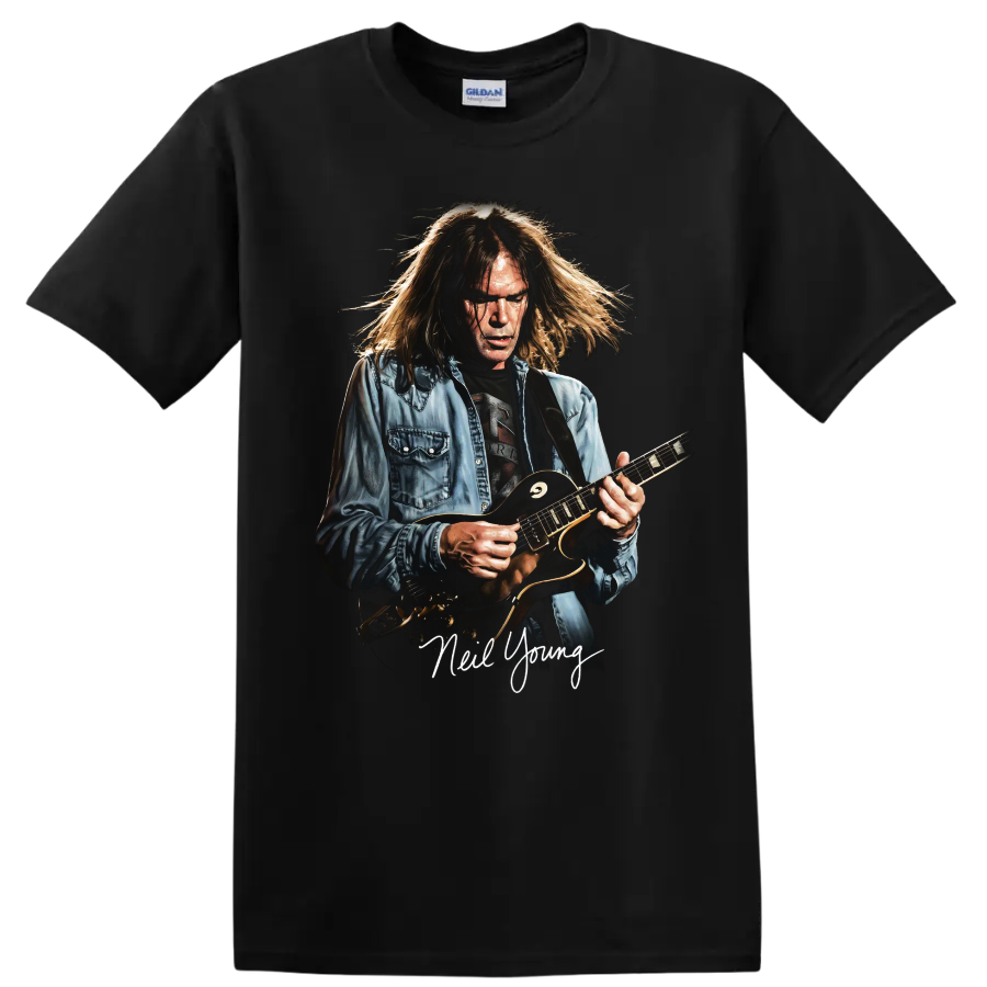 Neil Young vintage-style rock guitar portrait with handwritten name on a Black T Shirt