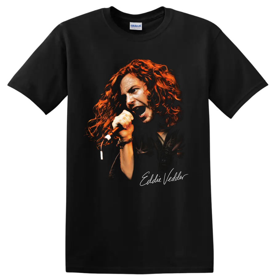 Eddie Vedder grunge rock vocalist portrait graphic on a Black T Shirt