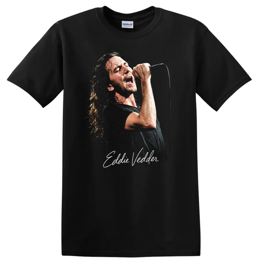 Eddie Vedder singing into a microphone in a distressed grunge portrait on a Black T Shirt