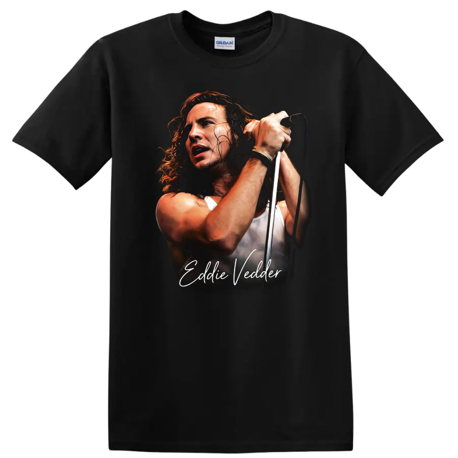 Eddie Vedder Pearl Jam grunge portrait with microphone and script text on a Black T Shirt