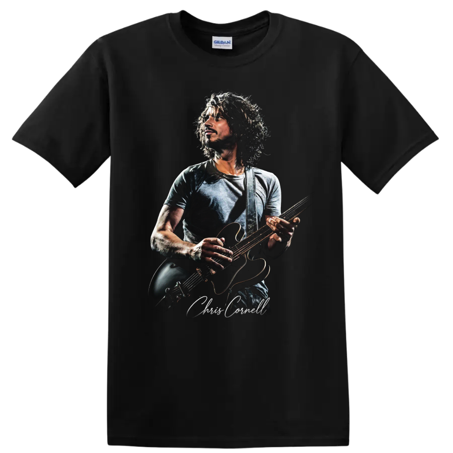 Chris Cornell grunge rock portrait playing electric guitar on a Black T Shirt