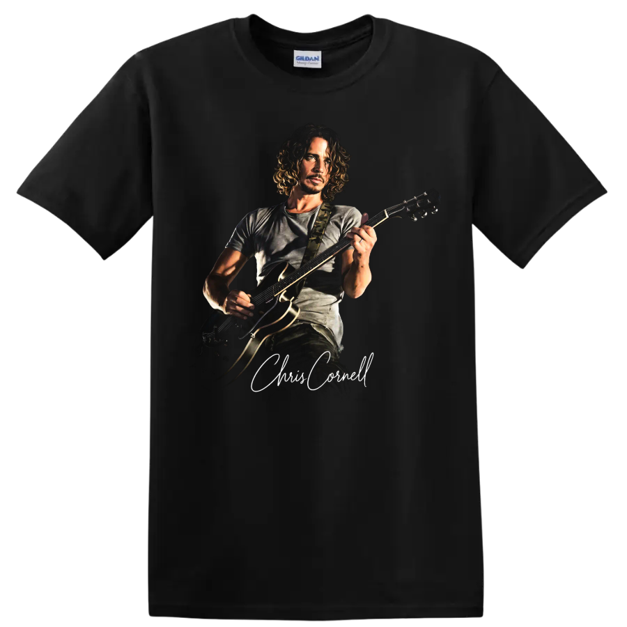 Chris Cornell playing guitar in a dramatic rock portrait with signature on a Black T Shirt