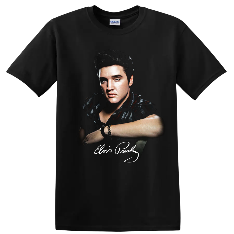 Elvis Presley rock and roll portrait with signature graphic on a Black T Shirt
