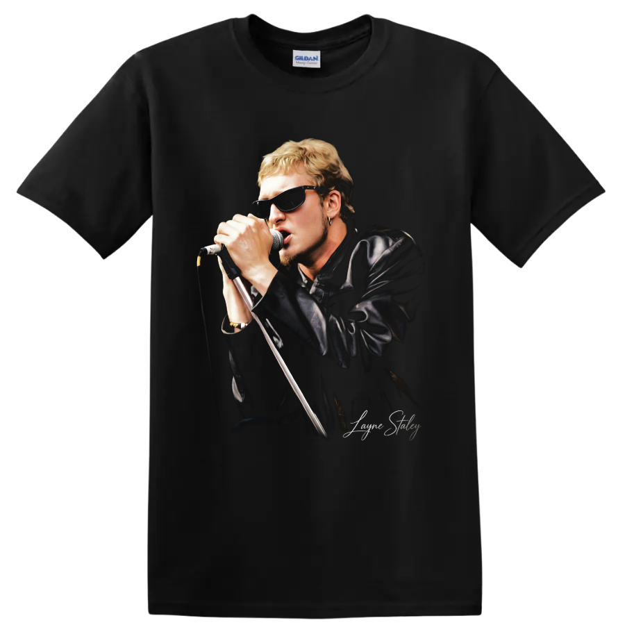 Layne Staley singing into a microphone in a grunge rock portrait on a Black T Shirt