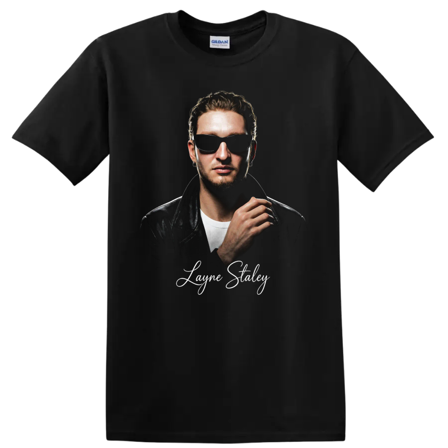 Layne Staley portrait in sunglasses and leather jacket with signature on a Black T Shirt