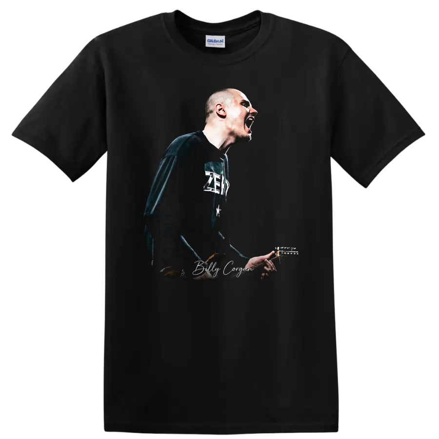 Billy Corgan performing with guitar in a bold alternative rock graphic on a Black T Shirt
