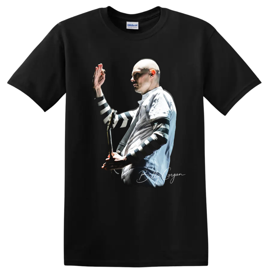 Billy Corgan performing with guitar, high-contrast alternative rock portrait on a Black T Shirt