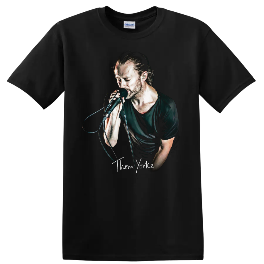 Thom Yorke portrait singing into a microphone in a dark graphic style on a Black T Shirt