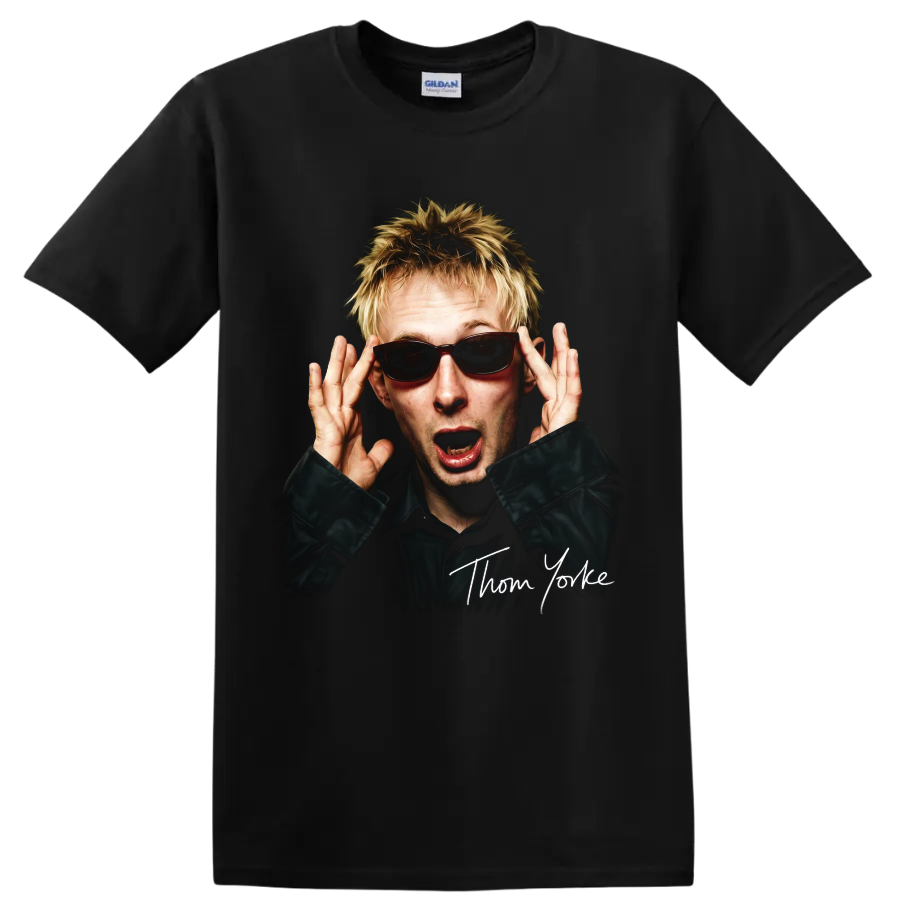 Thom Yorke portrait in sunglasses with handwritten-style name on a Black T Shirt