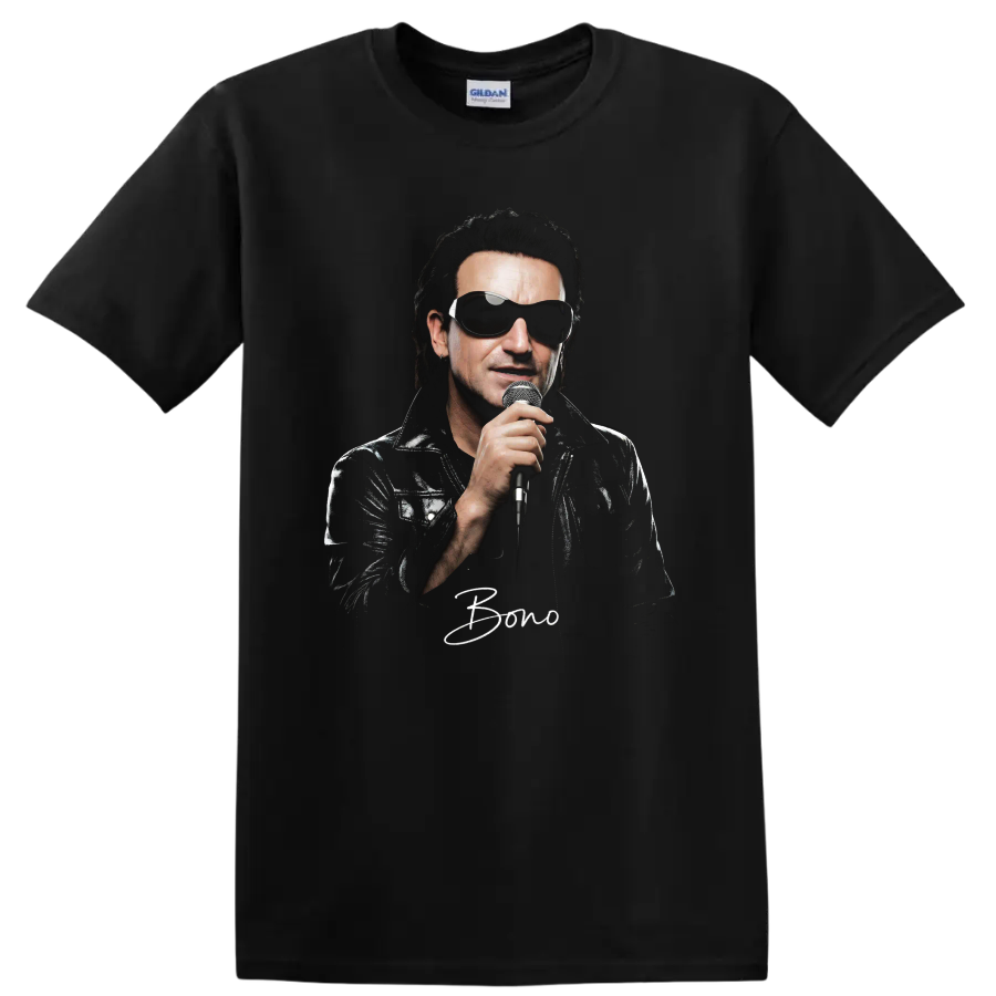 Bono of U2 holding a microphone in a high-contrast rock portrait on a Black T Shirt