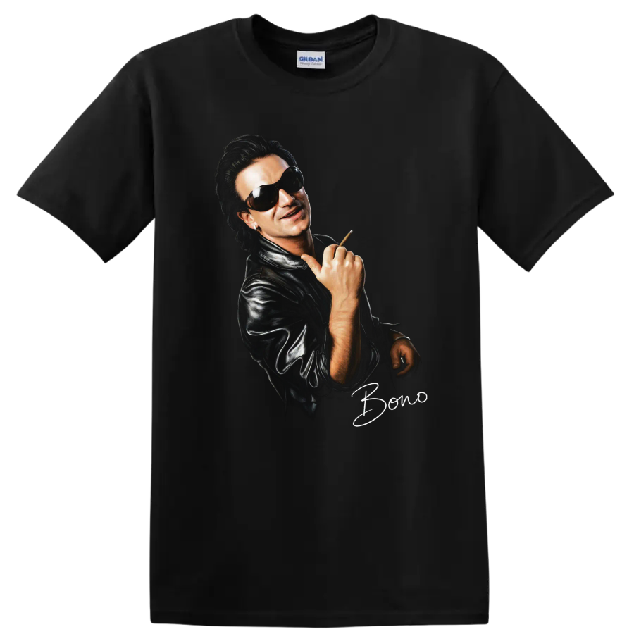 Bono U2 rock portrait wearing sunglasses and a leather jacket on a Black T Shirt