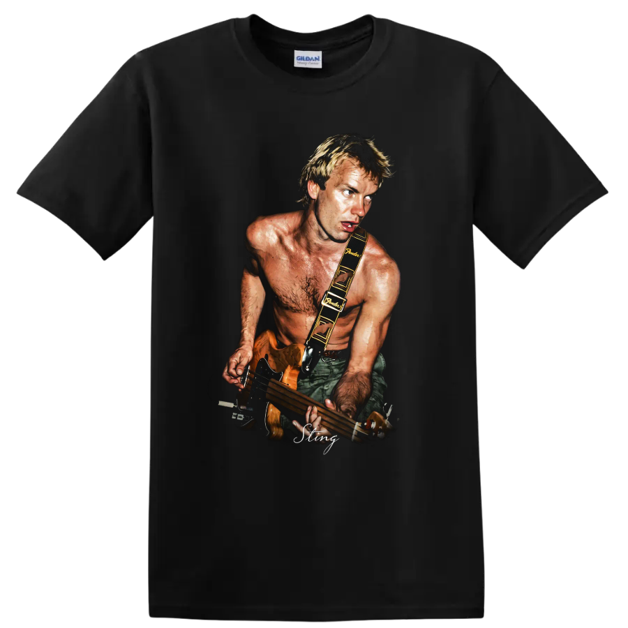 Sting playing a bass guitar in a dramatic rock music portrait on a Black T Shirt