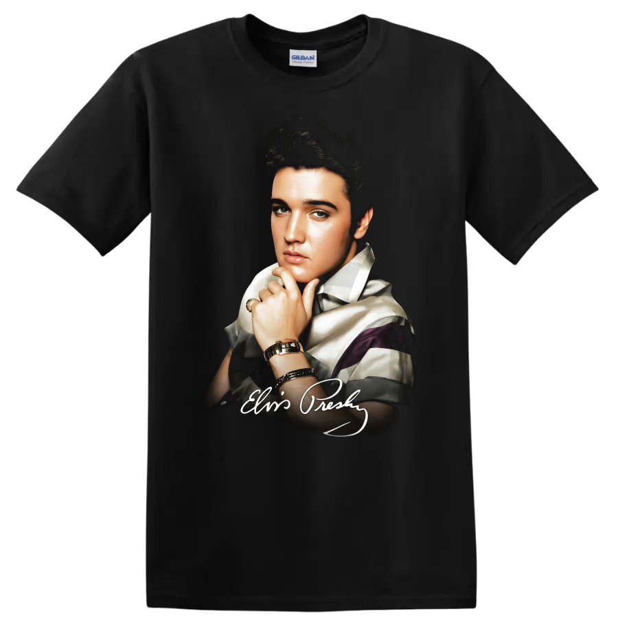 Elvis Presley pop art portrait with vintage rock and roll style on a Black T Shirt