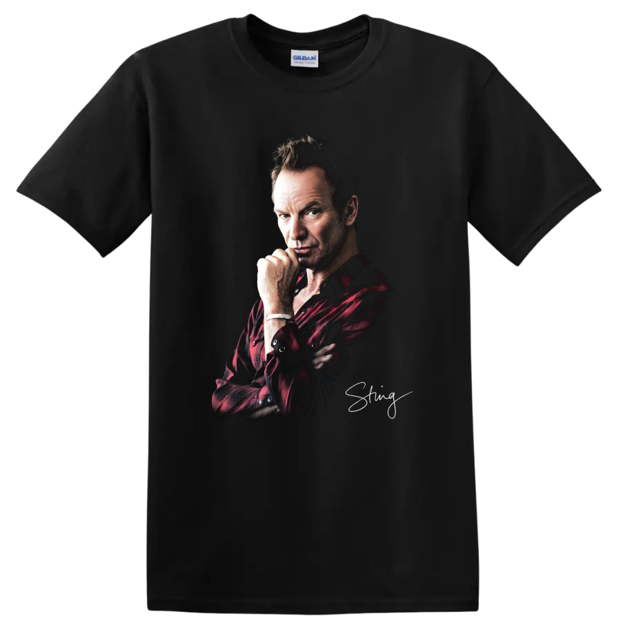 Sting portrait in red plaid shirt with signature-style graphic on a Black T Shirt