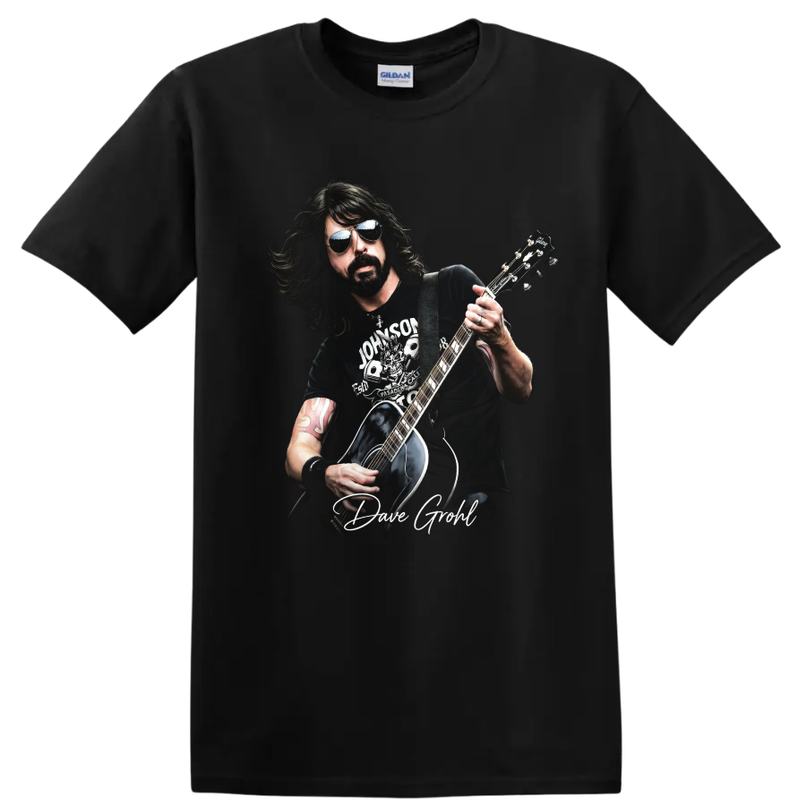 Dave Grohl guitar portrait graphic print on a Black T Shirt