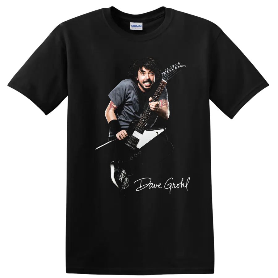 Dave Grohl Foo Fighters electric guitar rock performance graphic on a Black T Shirt