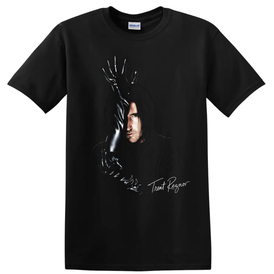 Trent Reznor portrait with glossy black gloves in an industrial rock graphic on a Black T Shirt