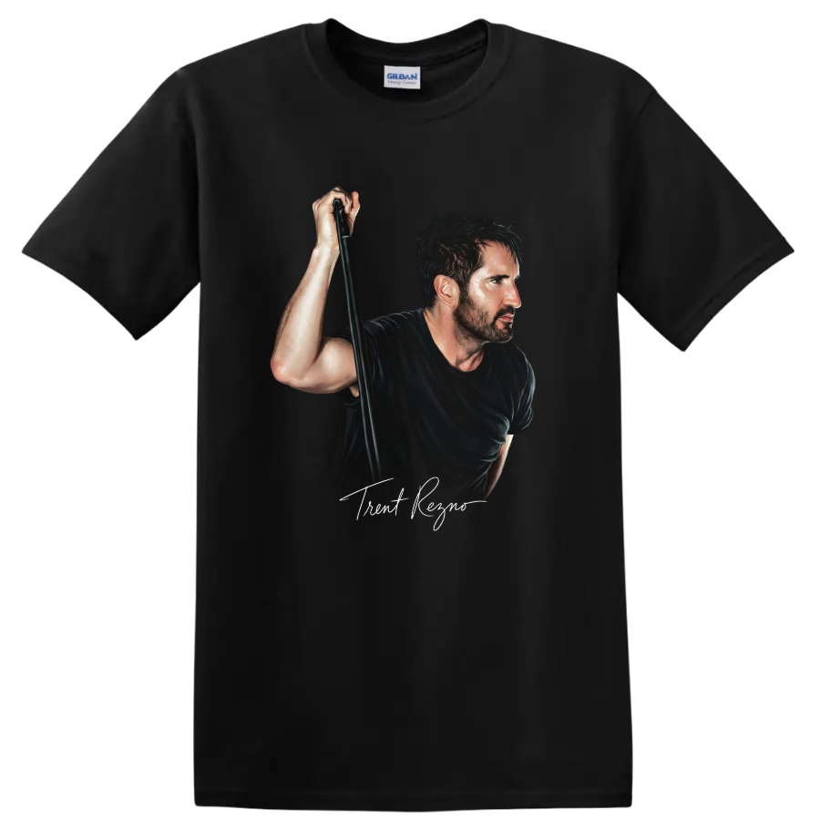 Trent Reznor Nine Inch Nails industrial rock portrait graphic print on a Black T Shirt
