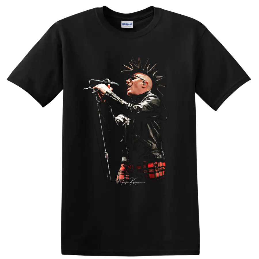 Maynard James Keenan singer portrait with spiked hair and red plaid on a Black T Shirt