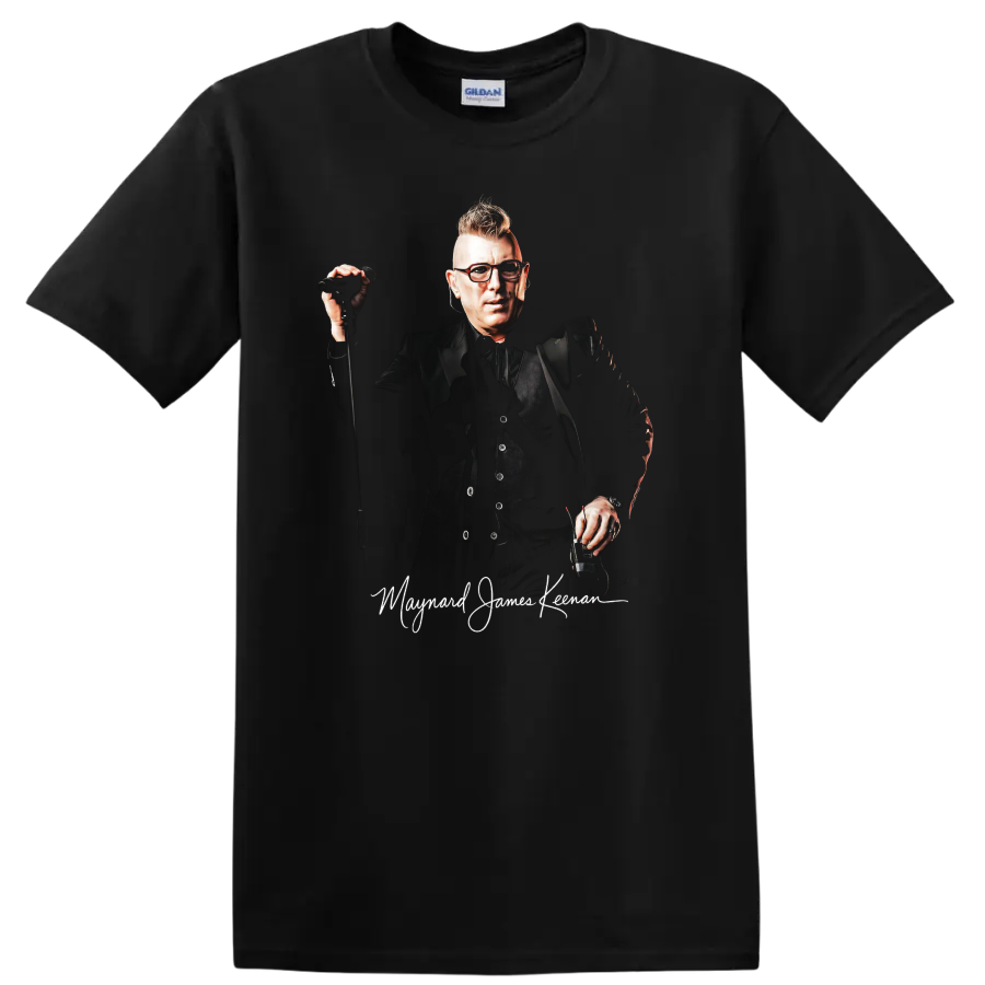 Maynard James Keenan rock portrait with microphone and distressed lettering on a Black T Shirt