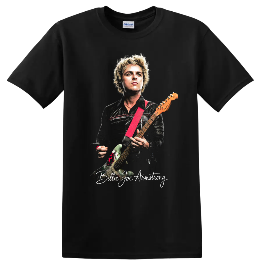Billie Joe Armstrong Green Day guitar portrait graphic print on a Black T Shirt