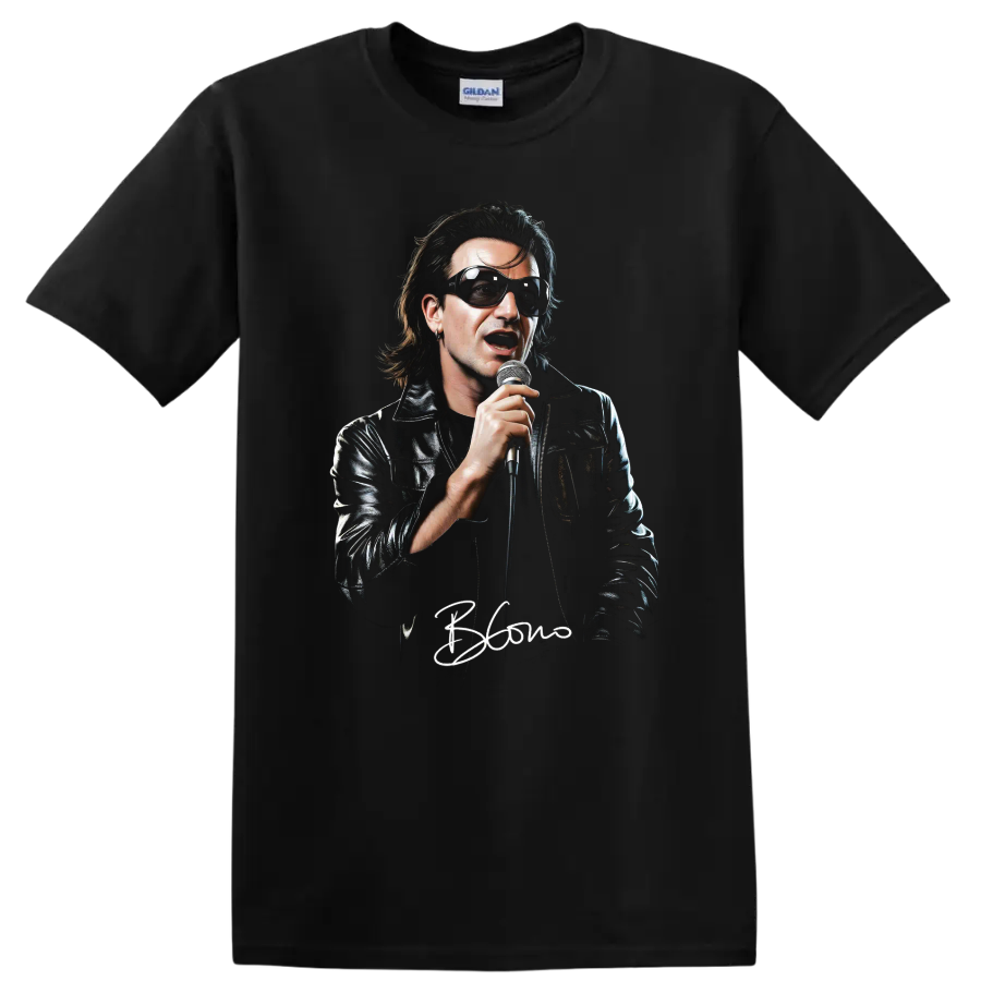 Bono U2 portrait graphic print with microphone, sunglasses, and leather jacket on a Black T Shirt