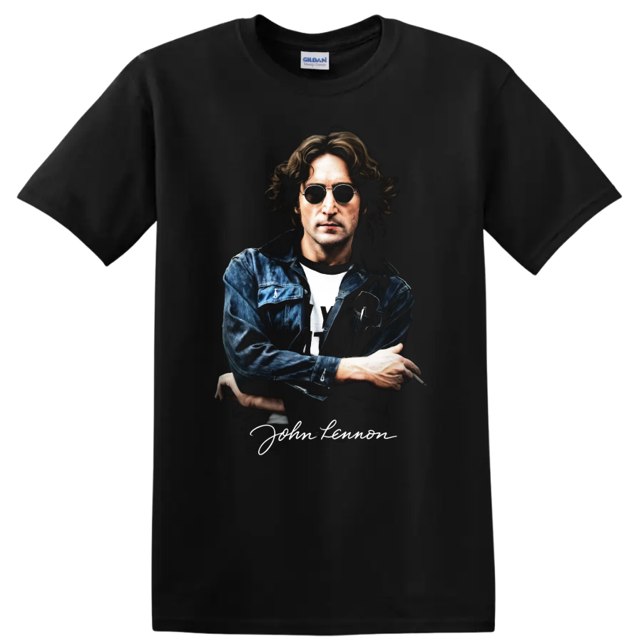 John Lennon portrait graphic with sunglasses and denim jacket on a Black T Shirt