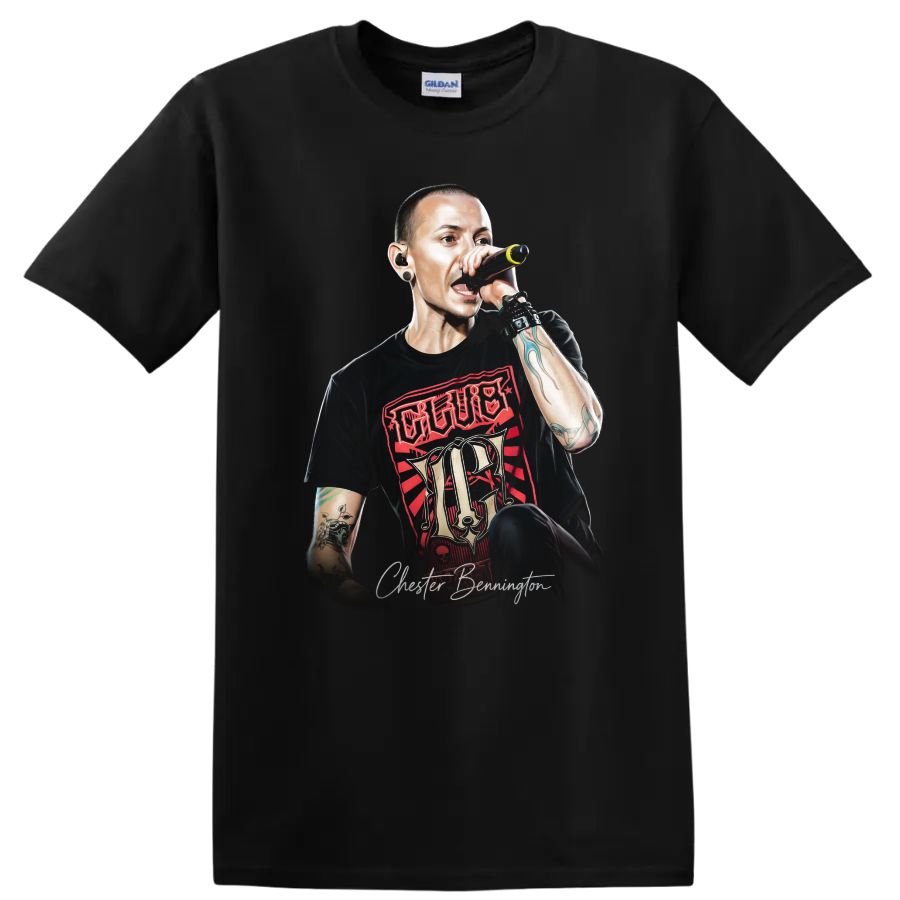 Chester Bennington performing with microphone in bold red and black rock art on a Black T Shirt