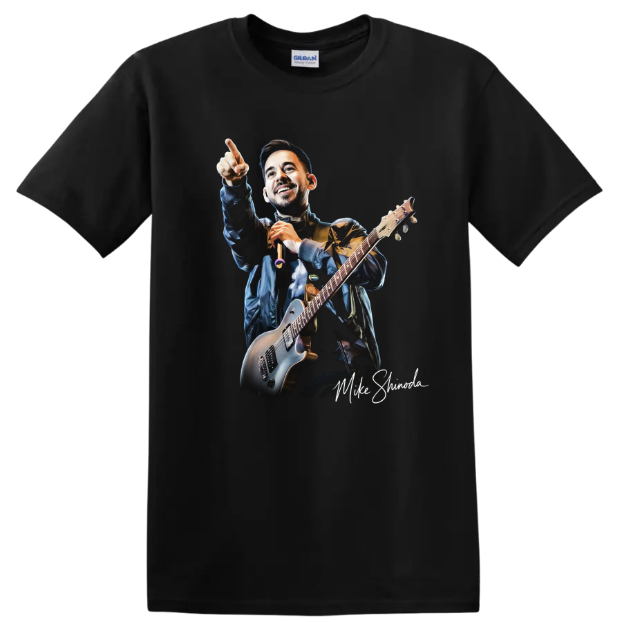 Mike Shinoda playing guitar and pointing in a dynamic concert portrait on a Black T Shirt
