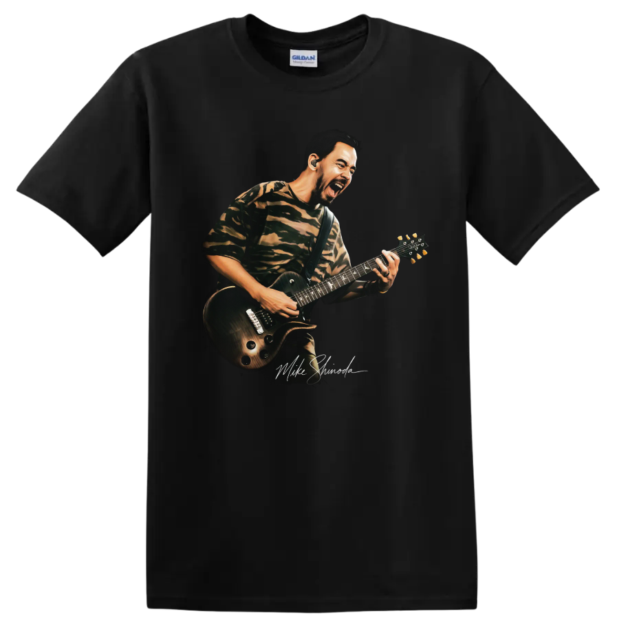 Mike Shinoda playing guitar rock music graphic on a Black T Shirt