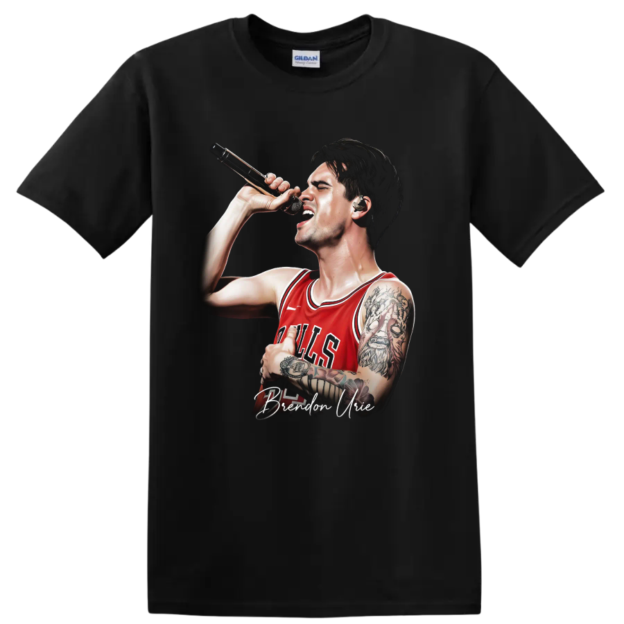 Brendon Urie singing into a microphone in a Bulls jersey graphic on a Black T Shirt