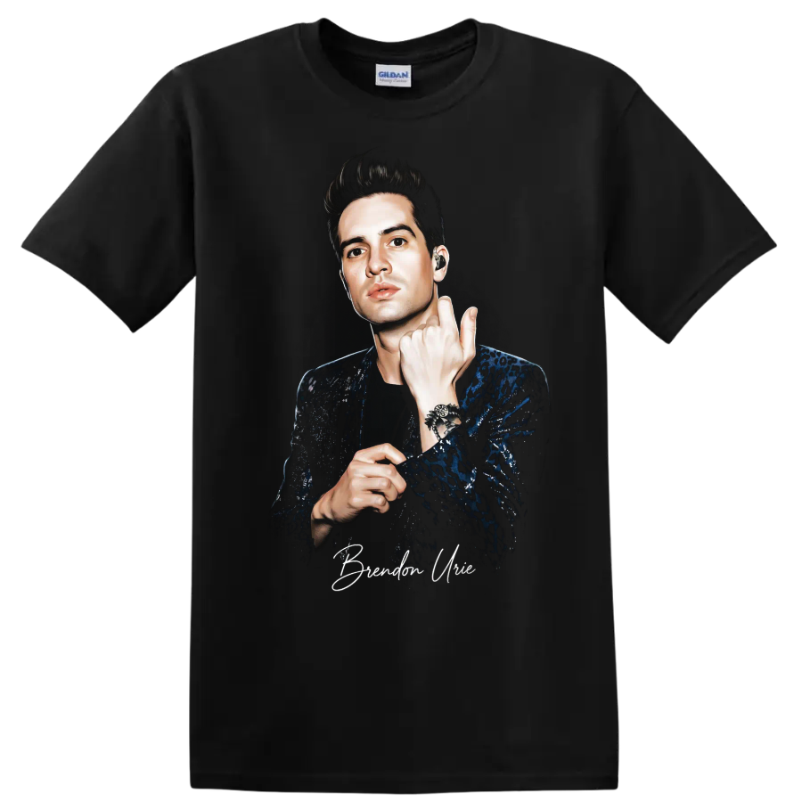 Brendon Urie portrait graphic print in a dramatic performance pose on a Black T Shirt