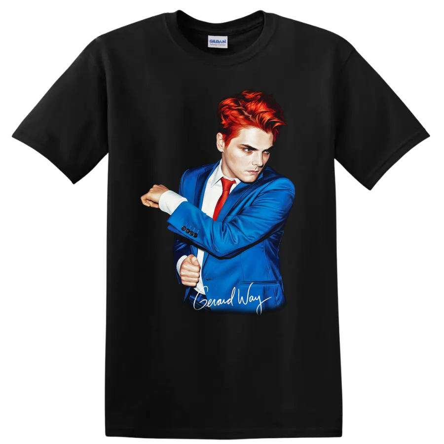 Gerard Way portrait in blue suit and red tie, stylized music fan art on a Black T Shirt