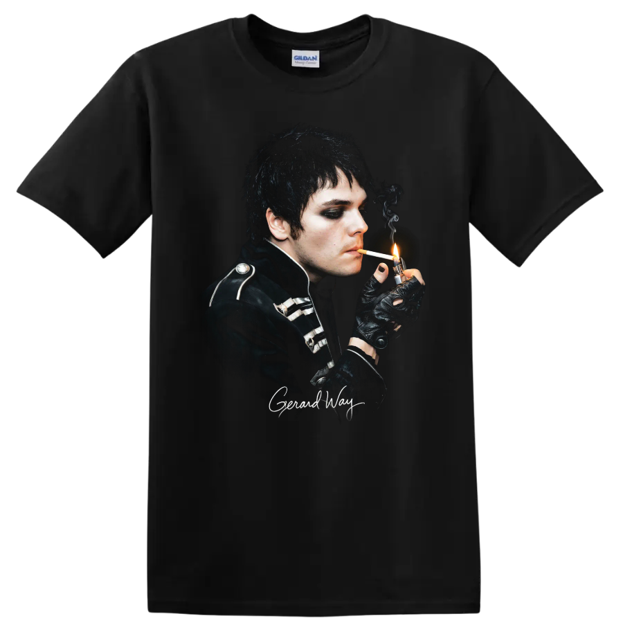 Gerard Way gothic My Chemical Romance portrait with smoky lighting on a Black T Shirt