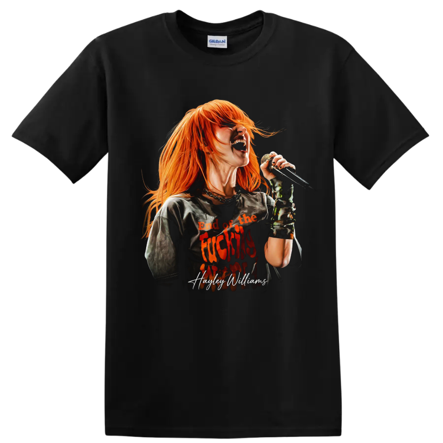 Hayley Williams singing into a microphone in bold rock fan art on a Black T Shirt