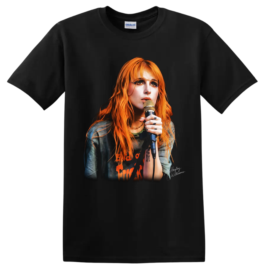 Hayley Williams Paramore rock music poster portrait with microphone on a Black T Shirt