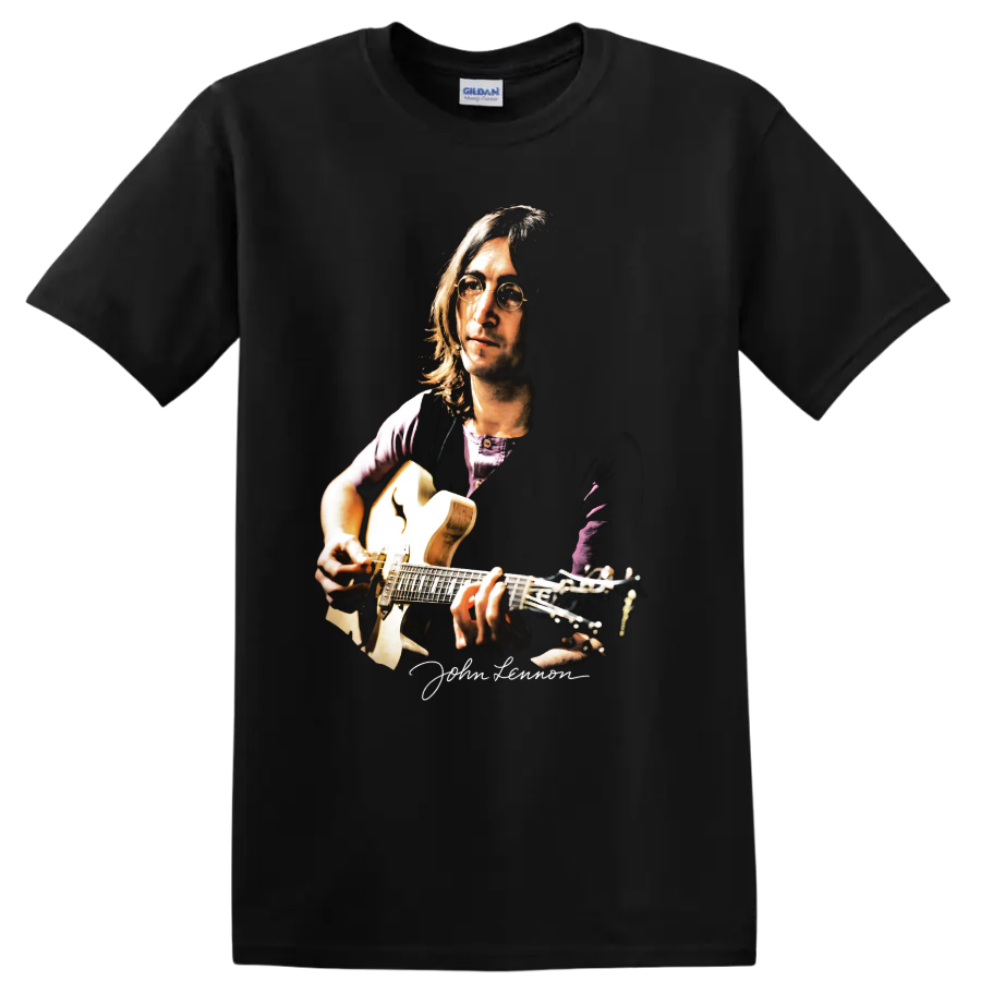 John Lennon portrait playing acoustic guitar, moody music artwork on a Black T Shirt