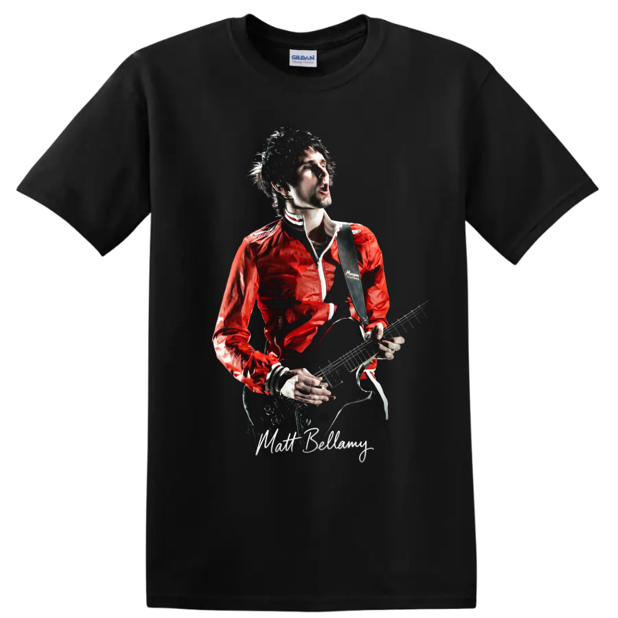 Matt Bellamy of Muse playing electric guitar in bold rock performance artwork on a Black T Shirt