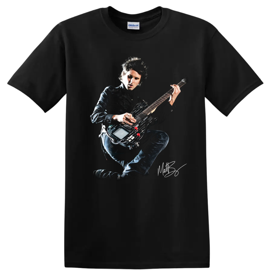 Matt Bellamy of Muse playing electric guitar in a dramatic rock portrait on a Black T Shirt