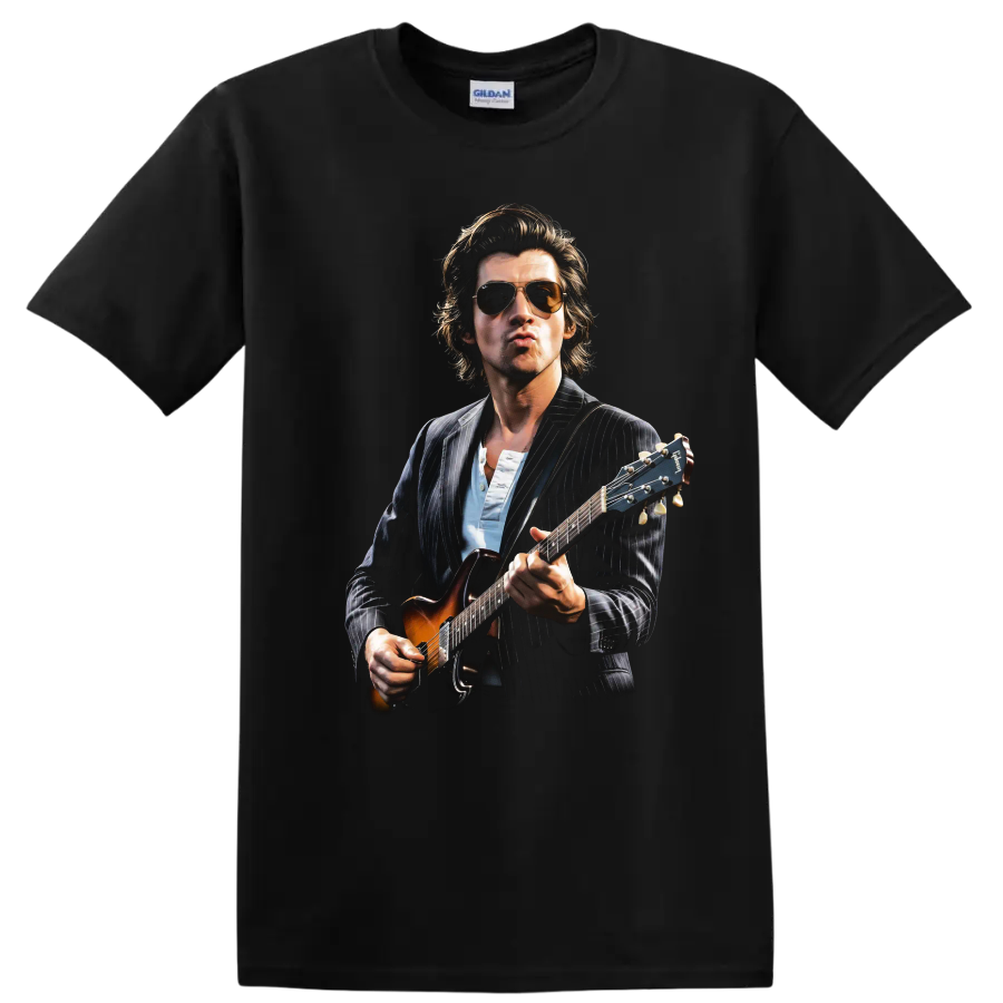 Alex Turner of Arctic Monkeys playing guitar in a realistic portrait on a Black T Shirt