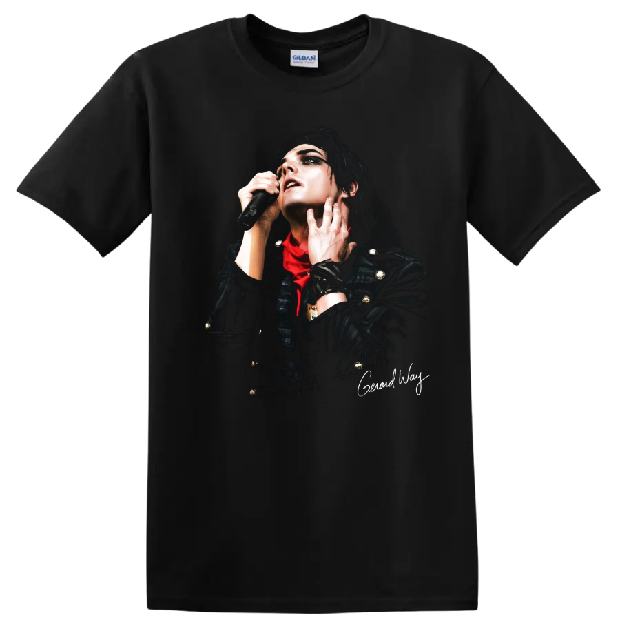 Gerard Way performing in dramatic Black Parade era graphic portrait on a Black T Shirt