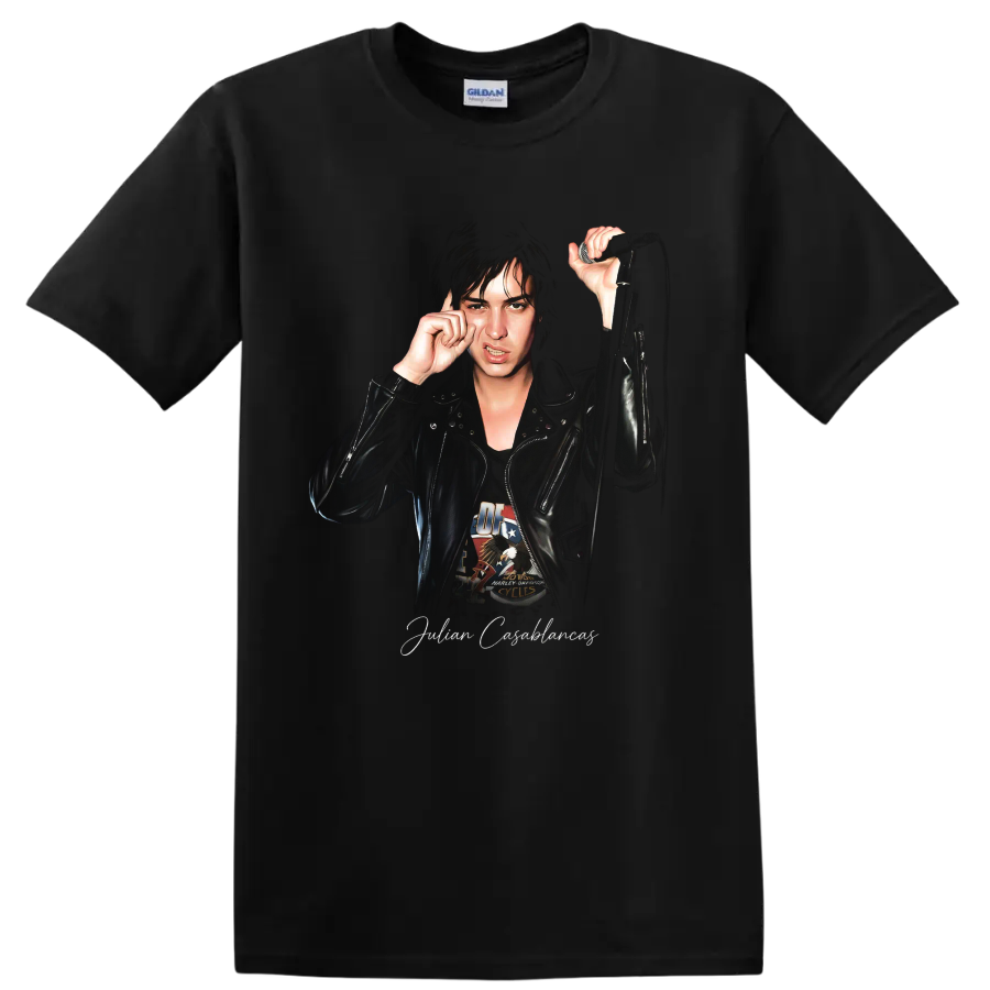 Julian Casablancas portrait with microphone, illustrated rock music design on a Black T Shirt